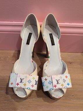 Louis Vuitton Cream Multicolor Monogram Peep-Toe Heels